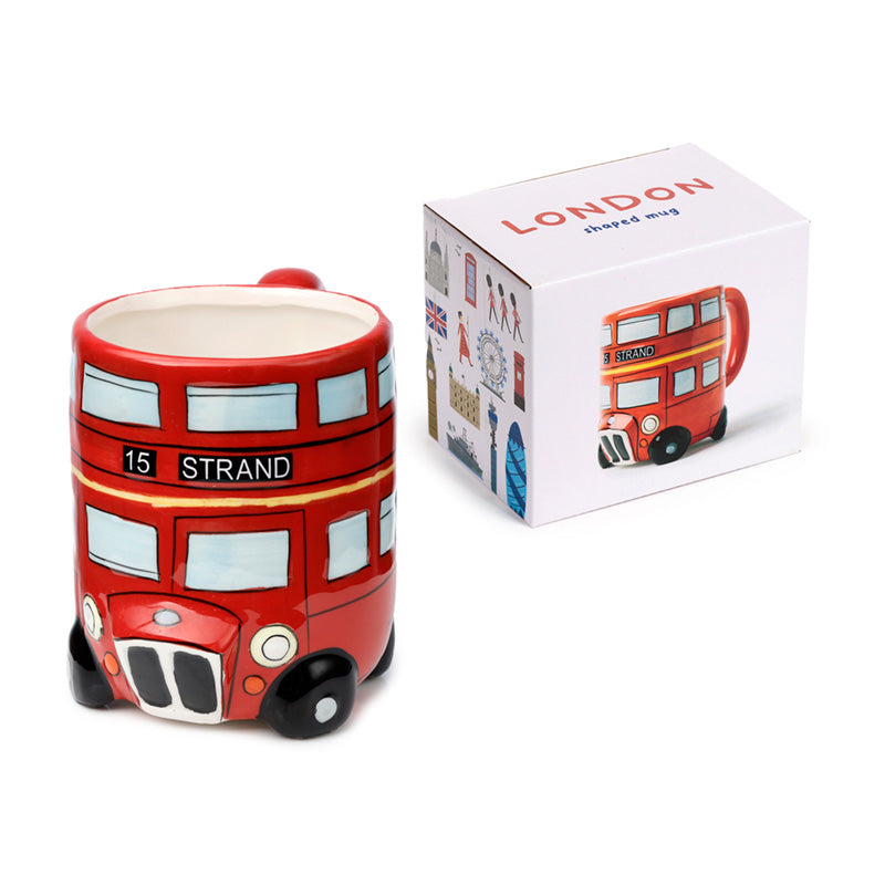 Whimsical ceramic mug featuring London's iconic Routemaster Bus