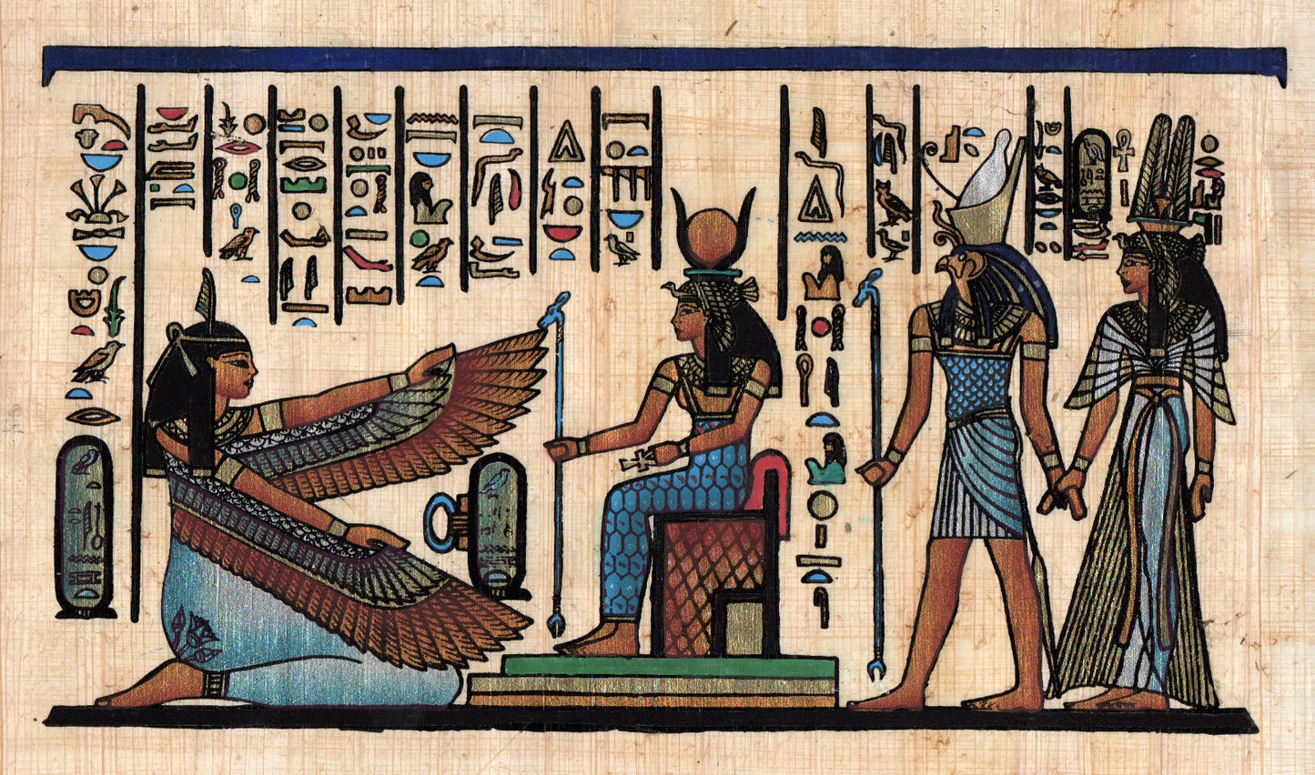 Egyptian Papyrus artwork featuring Maat, Isis, Horus, and Nefertari