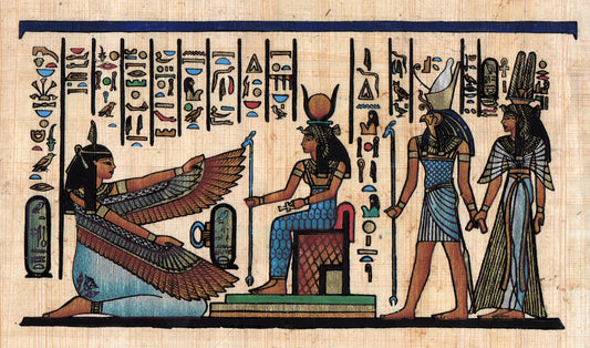 Egyptian Papyrus artwork featuring Maat, Isis, Horus, and Nefertari