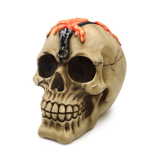 Decorative Skull Ornament with Zipper Head and Oozing Brains