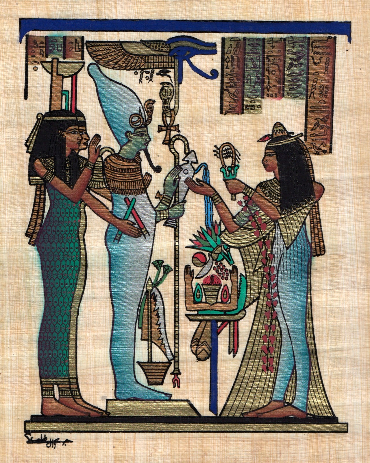 Egyptian Papyrus Painting of Isis, Nephthys, Osiris, and Nefertari