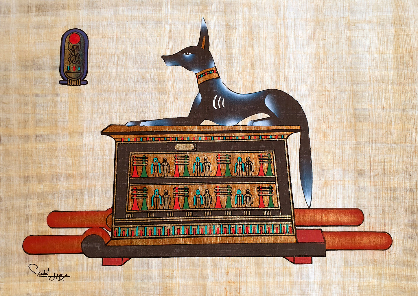 Anubis, the Egyptian God of the Afterlife, depicted in vibrant papyrus art