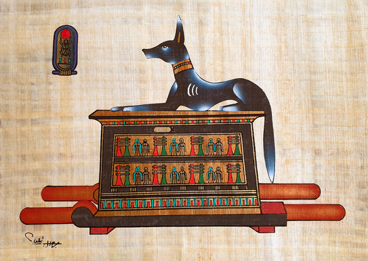 Anubis, the Egyptian God of the Afterlife, depicted in vibrant papyrus art