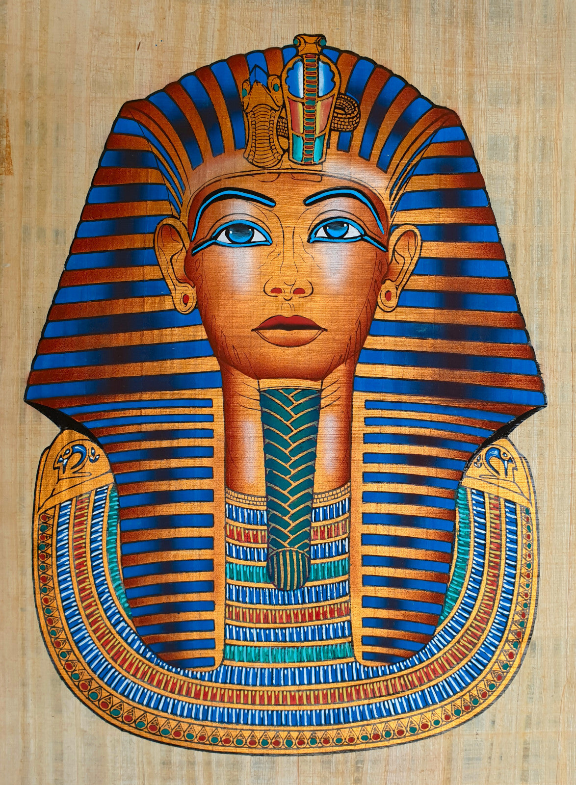 Egyptian papyrus painting of Tutankhamun with ancient symbols