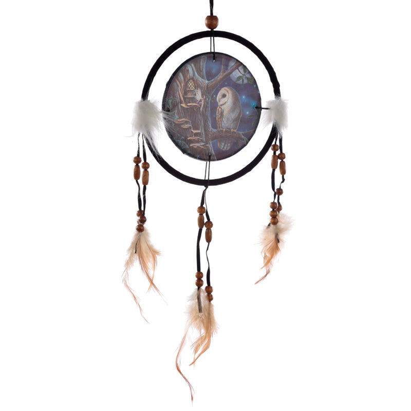 Small dreamcatcher featuring Lisa Parker's owl and fairy artwork