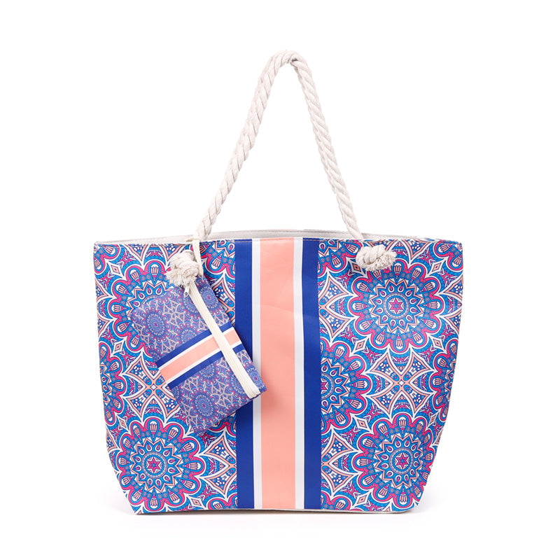 Close-up of Blue Mandala design on Beach Bag and Pouch