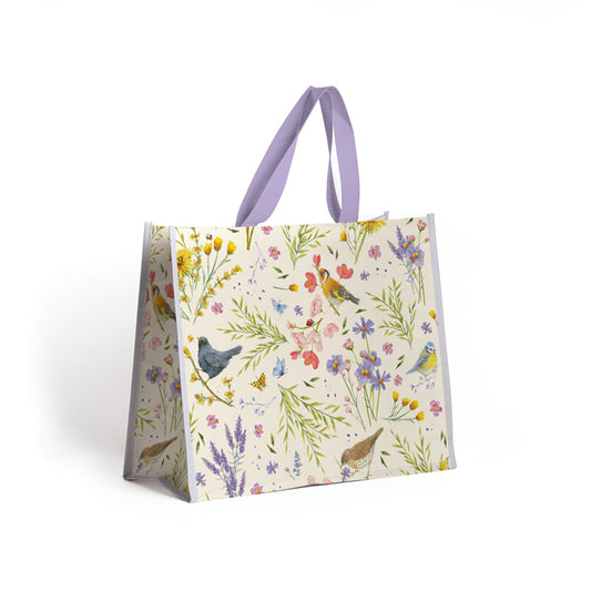 Durable reusable shopping bag with Jan Pashley wings and wildflowers design