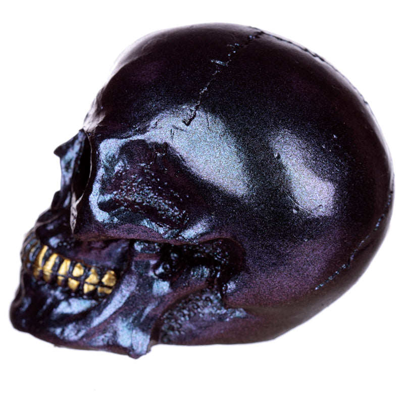 Gothic Iridescent Skull Ornament on a mantel