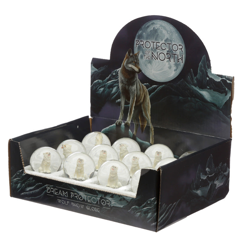 Snowflakes swirling in Dream Protector Wolf Snow Globe