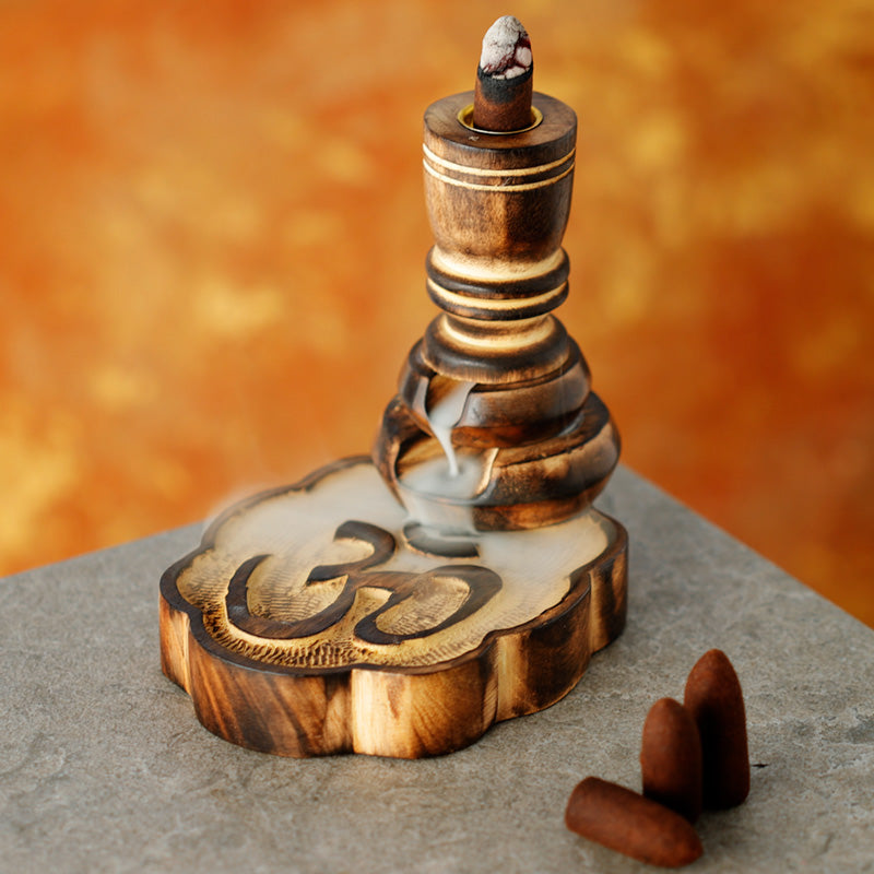 Elegant Om design on Carved Mango Wood Incense Burner