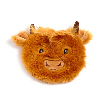 Highland Coo Plush Hand Warmer with decorative background
