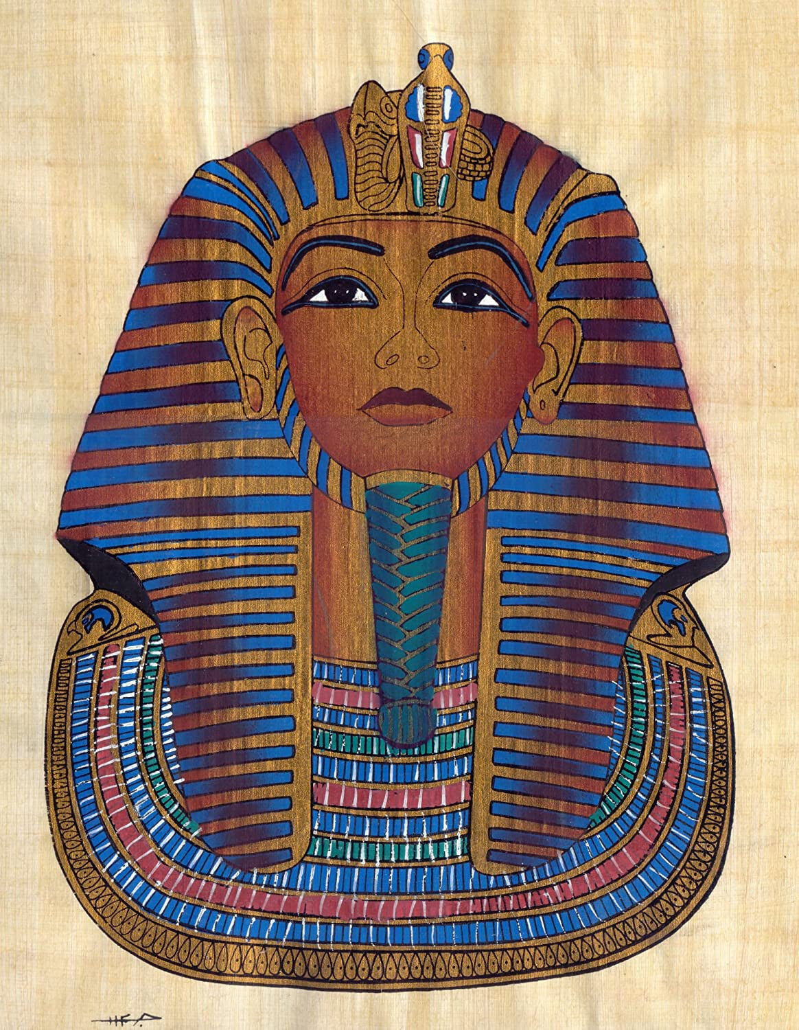 Egyptian papyrus painting of Tutankhamun, showcasing intricate details and ancient symbols