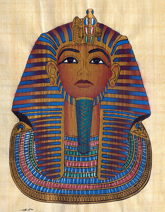 Egyptian papyrus painting of Tutankhamun, showcasing intricate details and ancient symbols