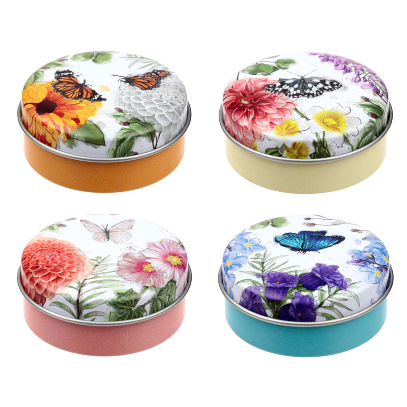 Close-up of Butterfly Meadows Lip Balm tin design