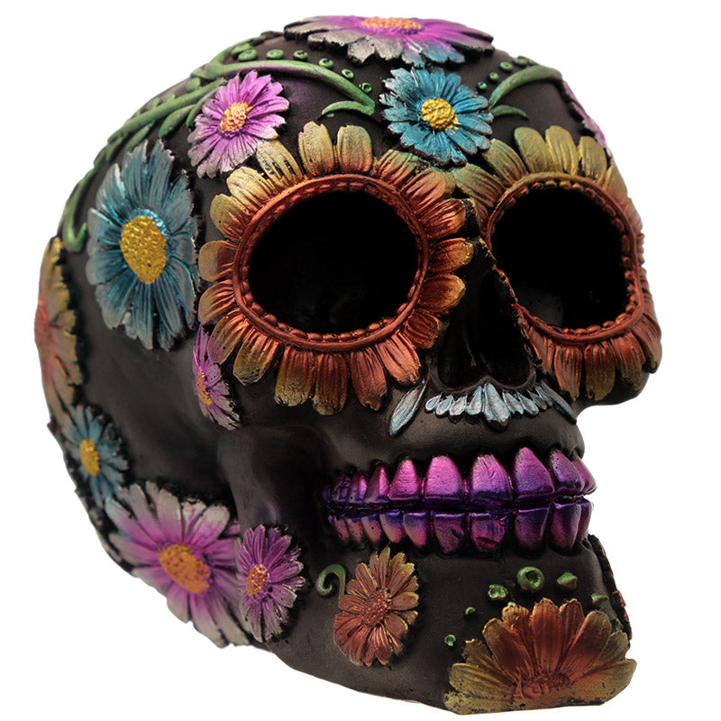 Close-up of Gothic Metallic Flower Skull with intricate details
