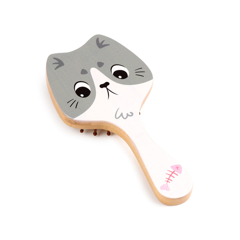 Decorative Bamboo Hair Brush with whimsical cat design