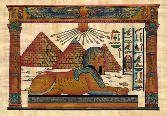 Egyptian Papyrus Painting of the Great Sphinx and Pyramids of Giza