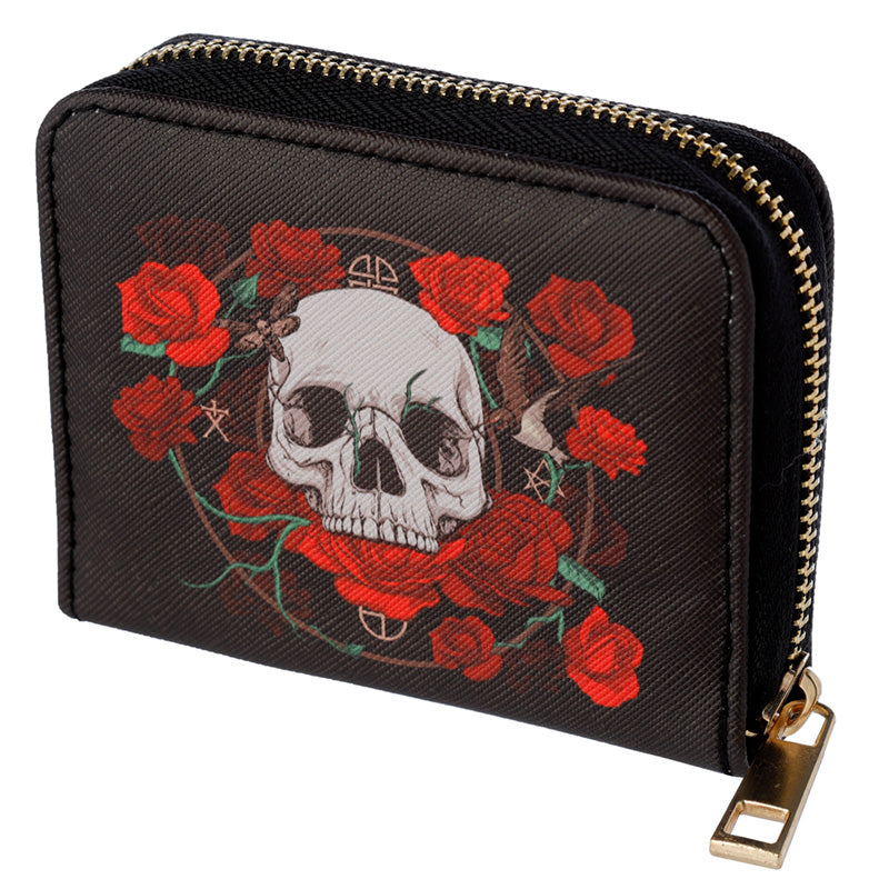 Close-up of Skulls and Roses Small Zip Around Wallet