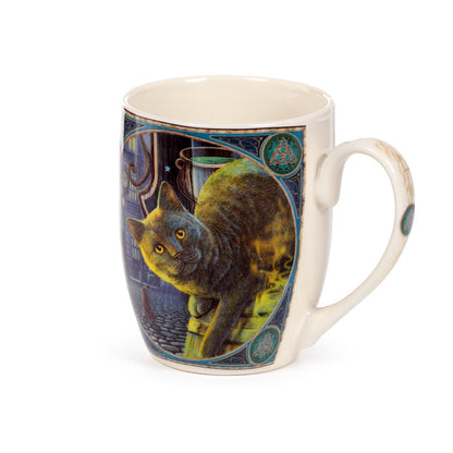 Rusty Cauldron Cat Mug with rustic background