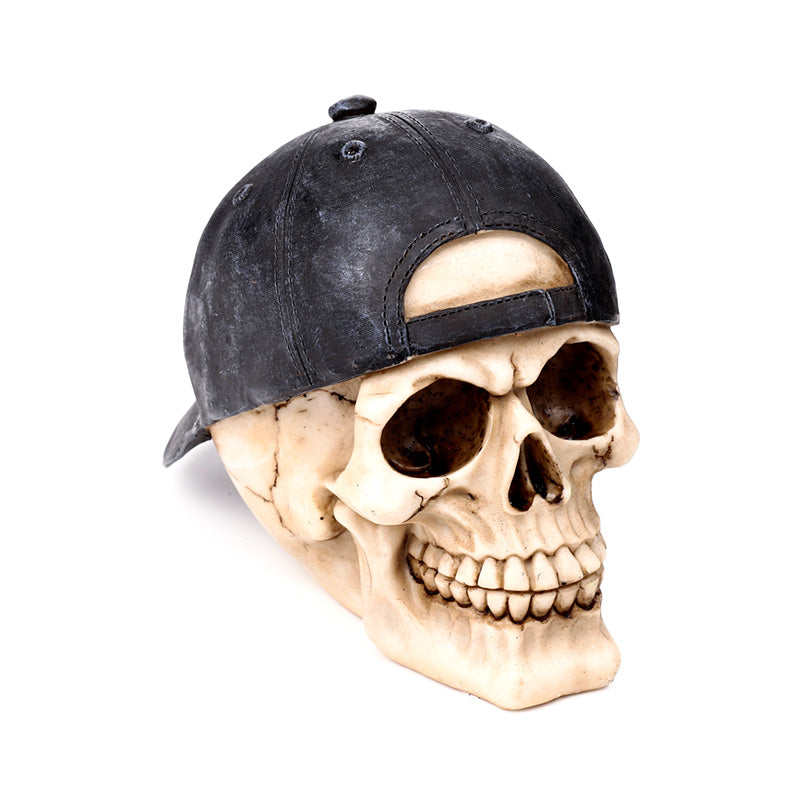 Decorative Skull Ornament with Backwards Baseball Cap