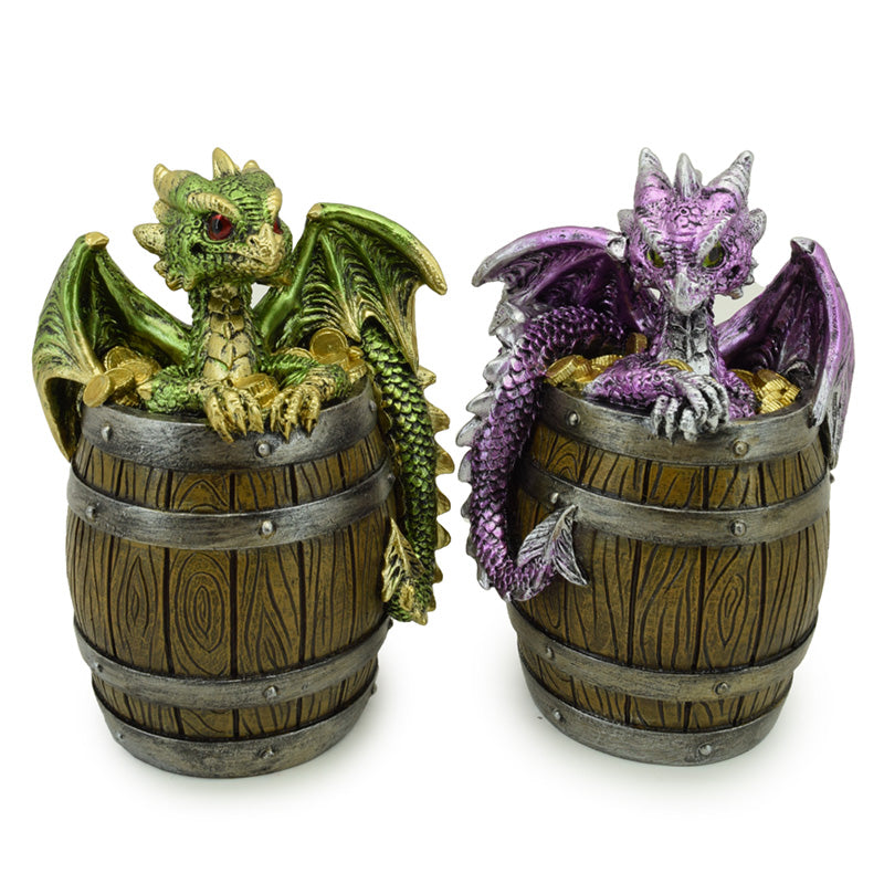 Elements Dragon Figurine perched on a treasure barrel