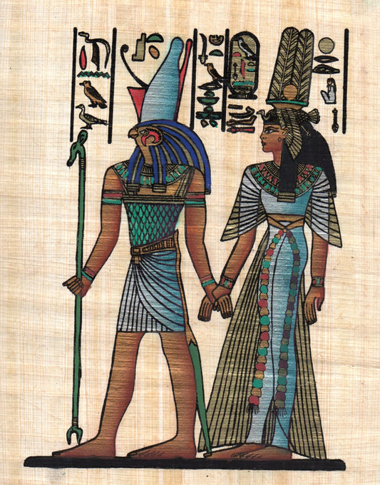 Egyptian Papyrus Painting featuring Horus and Nefertari