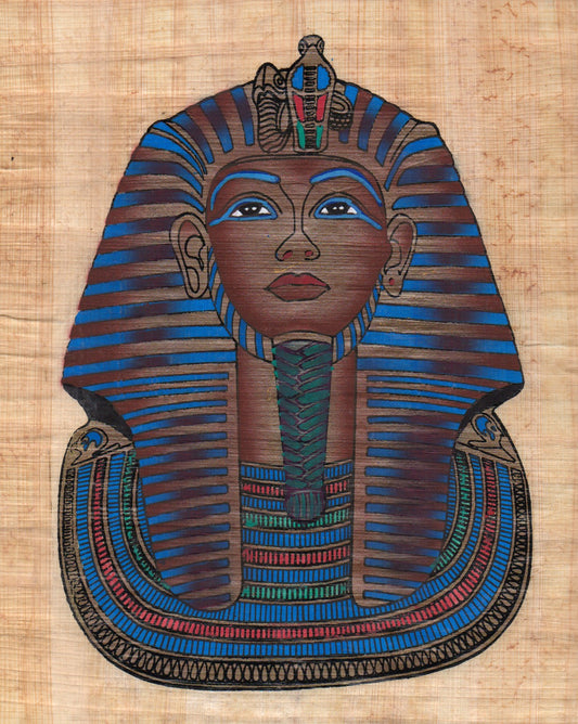 Egyptian Papyrus Painting of Tutankhamun with vibrant colours and intricate details