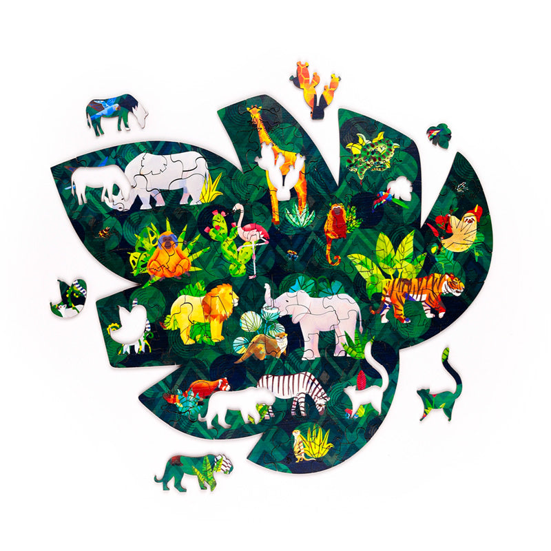 Wooden jigsaw puzzle pieces showcasing wildlife
