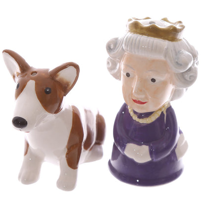 Close-up of Queen & Corgi Ceramic Salt & Pepper Shakers