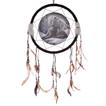 Medium Dreamcatcher featuring Lisa Parker's Snow Kisses Wolf artwork