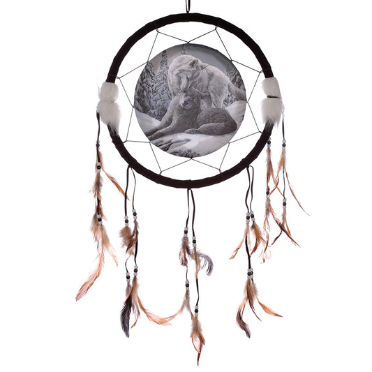 Medium Dreamcatcher featuring Lisa Parker's Snow Kisses Wolf artwork