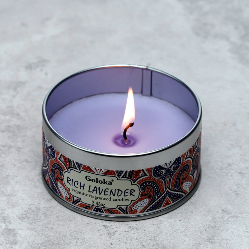 Elegant Goloka Lavender Candle Tin with Floral Design