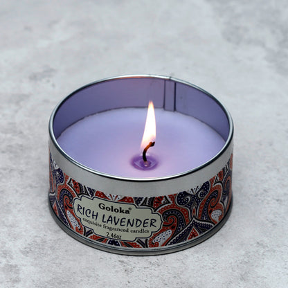 Elegant Goloka Lavender Candle Tin with Floral Design