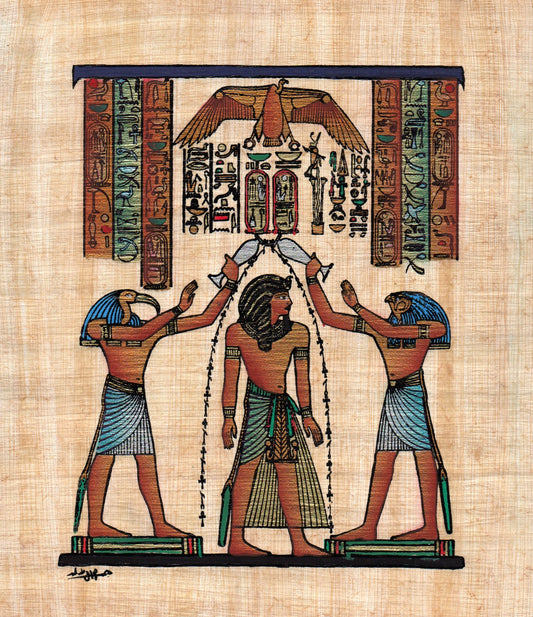 Egyptian papyrus painting of Ramesses II and Horus