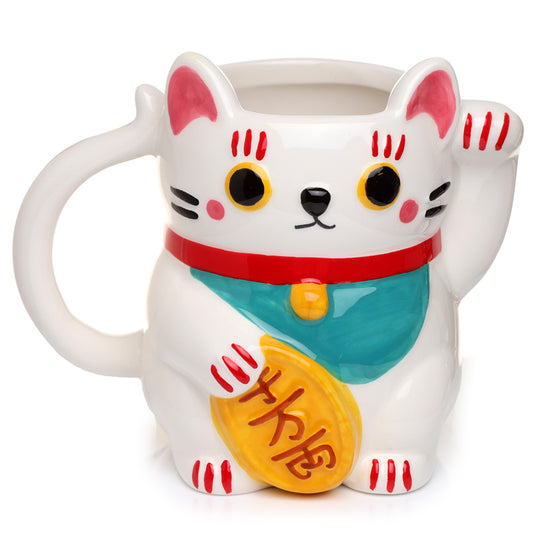 Novelty Shaped Ceramic Mug featuring White Maneki Neko Lucky Cat
