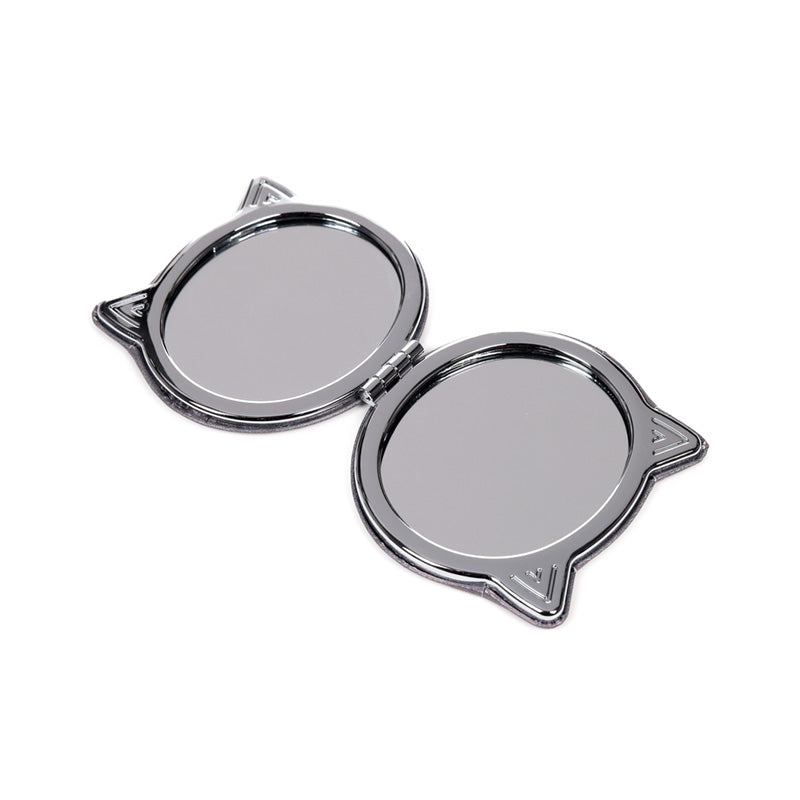 Open view of Leatherette Compact Mirror with cat design