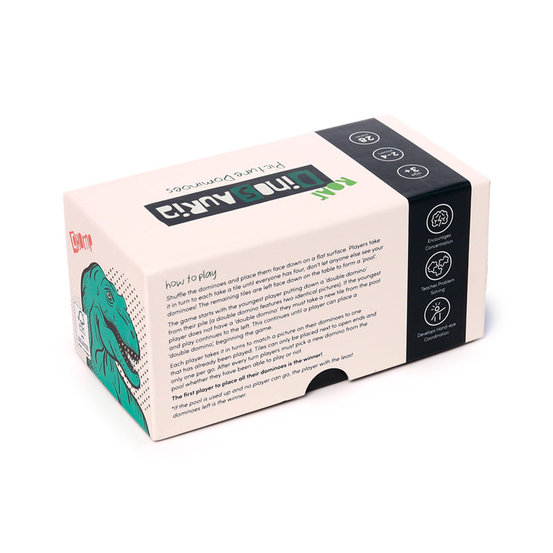 Dinosauria domino pieces stacked in a playful arrangement