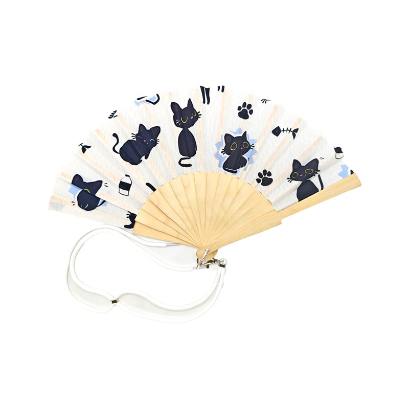 Lucky the Black Cat Folding Hand Fan displayed open