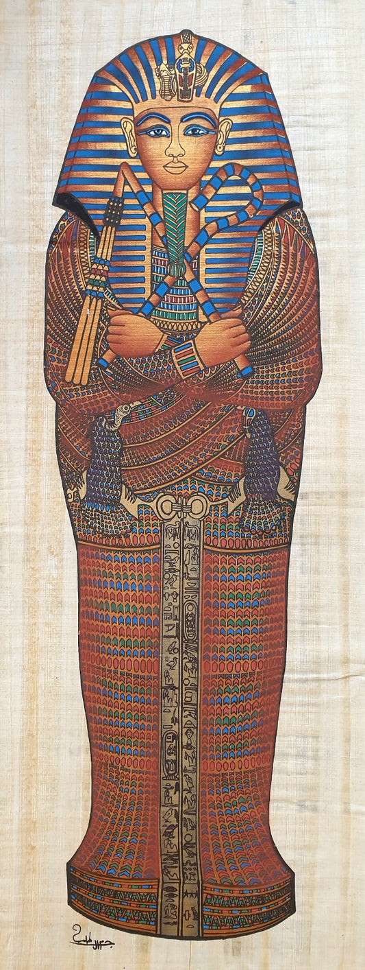 Papyrus painting of the Sarcophagus of Tutankhamun, featuring Egyptian deities and intricate hieroglyphs.