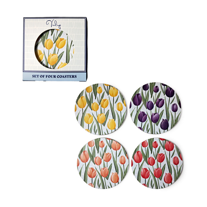 Set of 4 Cork Novelty Coasters featuring vibrant tulip design