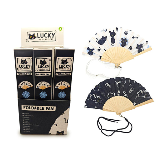 Folding Hand Fan featuring Lucky the Black Cat design