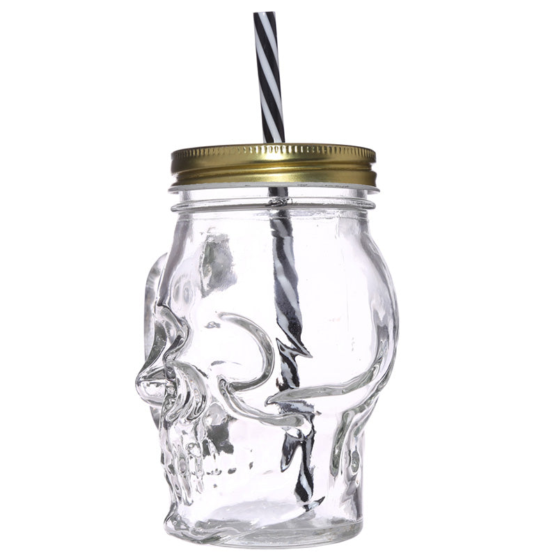 Stylish Skull Glass Drinking Jar on table
