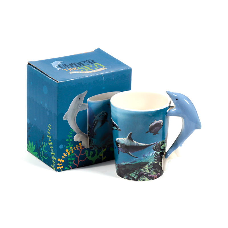 Dolphin shaped handle ceramic mug with ocean design