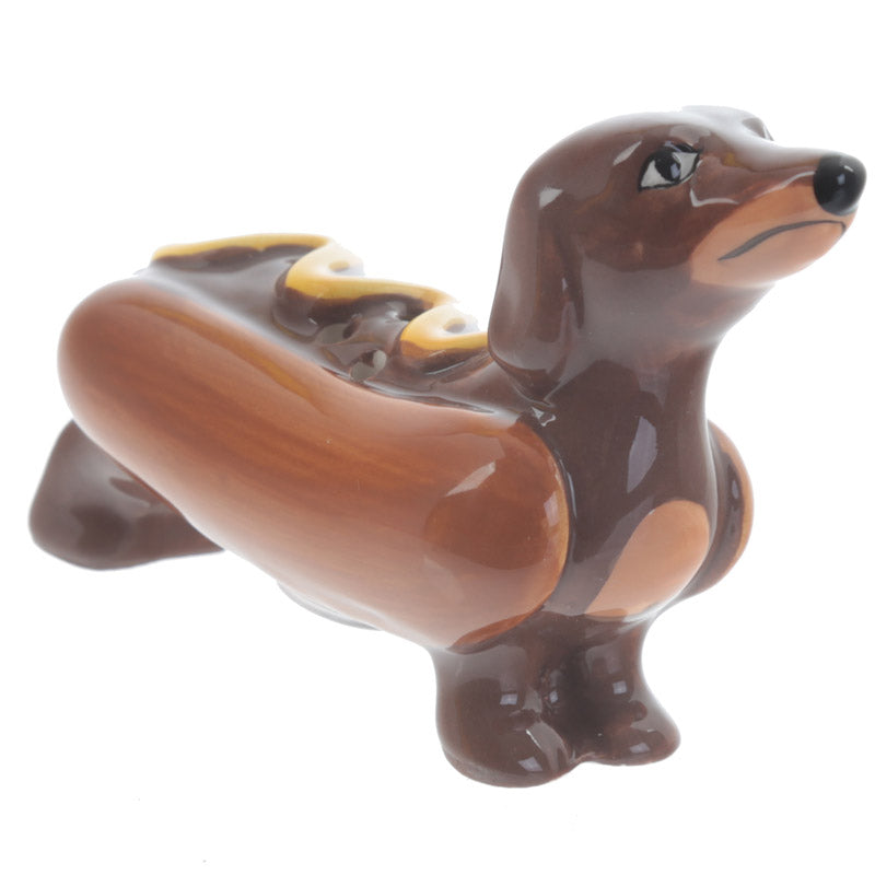 Close-up of the sausage dog salt shaker