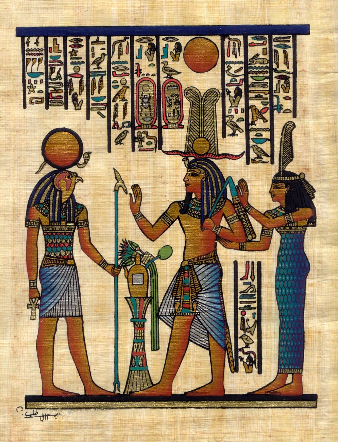Papyrus art depicting Re-Horakhty, Tutankhamun, and Maat