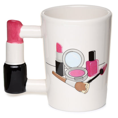 Ceramic mug with lipstick handle on a table