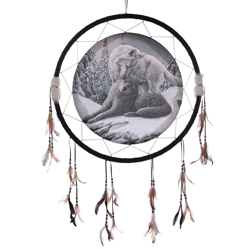 Large Dreamcatcher featuring Lisa Parker's Snow Kisses Wolf