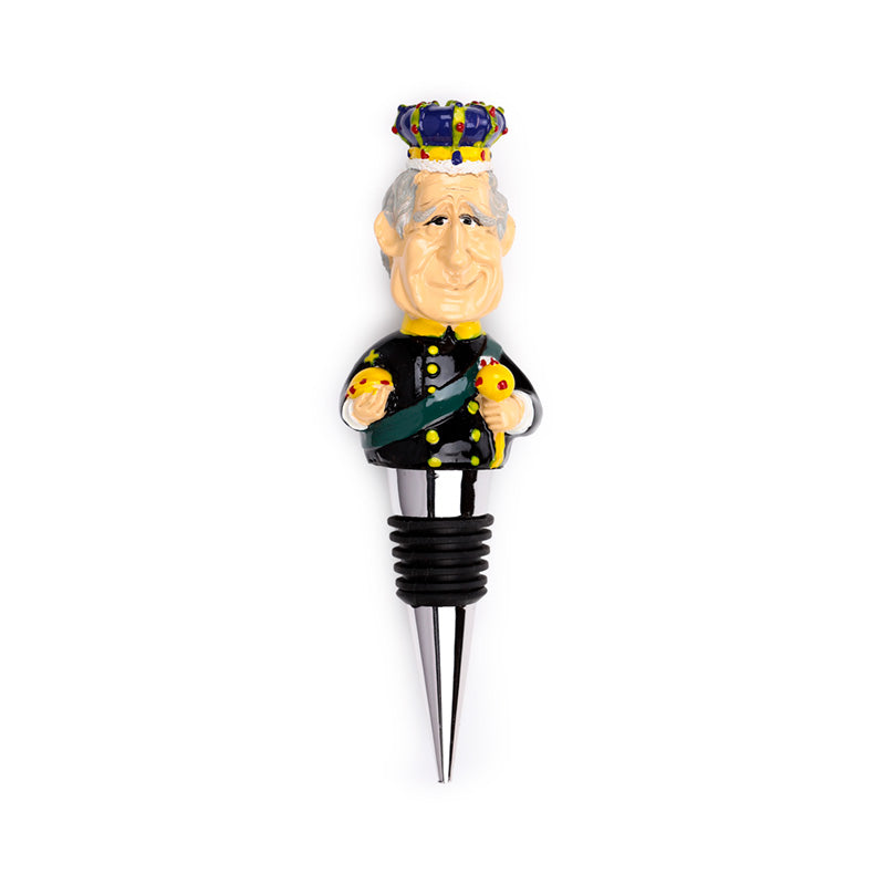 King Charles III bottle stopper on a dining table
