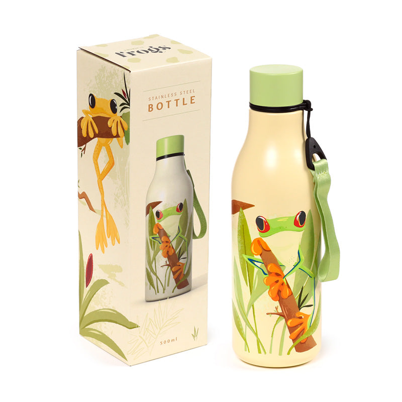 Eco-friendly insulated drinks bottle featuring Tropical Tree Frogs