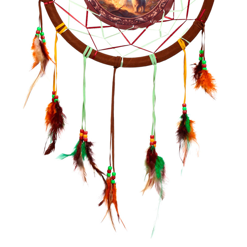 Dreamcatcher with delicate feathers and wolf design